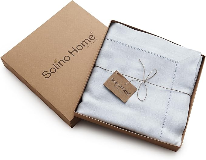 Solino Home Light Blue Linen Tablecloth 60 x 144 Inch - 100% Pure Linen Hemstitch Table Cloth for Rectangle Tables - Classic Hemstitch, Machine Washable Tablecloth