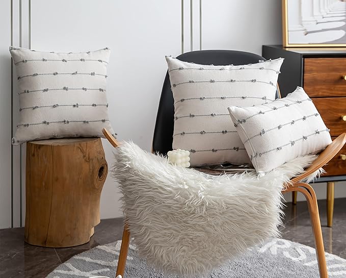 Caflife Boho Throw Pillow Covers 12x20 inches Beige and Grey, Set of 2 Modern Farmhouse Decorative Pillow Covers for Couch Bed, Living Room