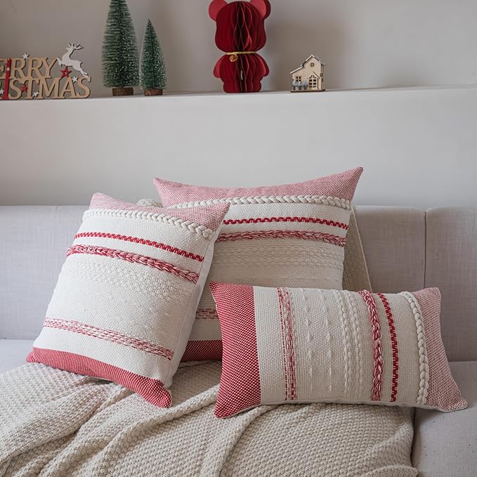 Christmas Pillow Covers 12x20 Inch Set of 2, Red Textured Boho Christmas Decorative Couch Pillow Cases for Farmhouse Home Decor, Accent Cushion Cover for Sofa, Bed, Living Room, Bedroom