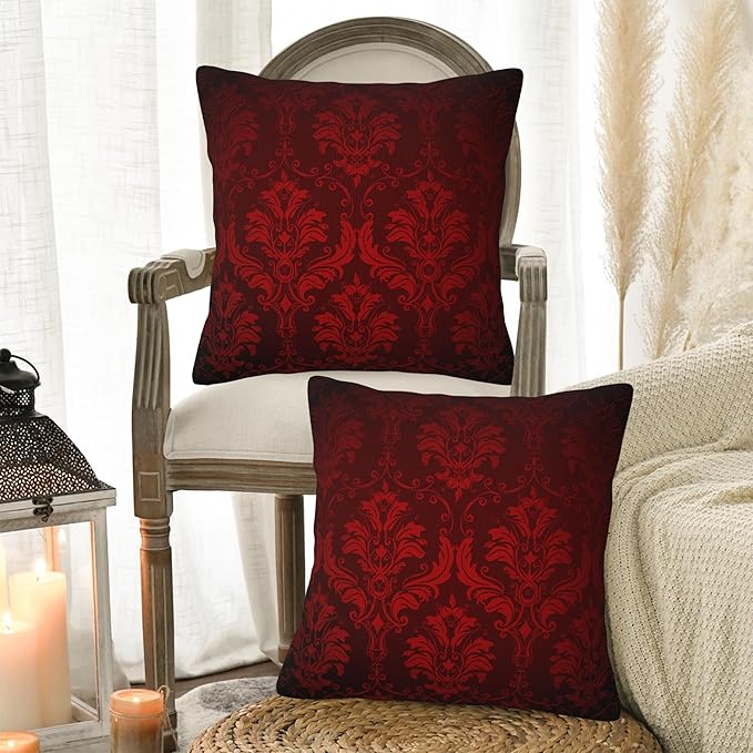 Vintage Damask Floral Pillow Covers 18X18 Set of 2, Luxuxy Dark Red Flowers Decorative Throw Pillow Covers, Pillowcase Cushion Case for Home Sofa Couch Indoor Outdoor Decorations