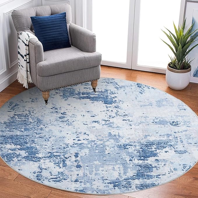 Modern Abstract 4x4 Round Area Rug Non Slip Non Shedding Rug Low Pile Stain Resistant for Bedroom Living Room Office Dining Room,Light Blue