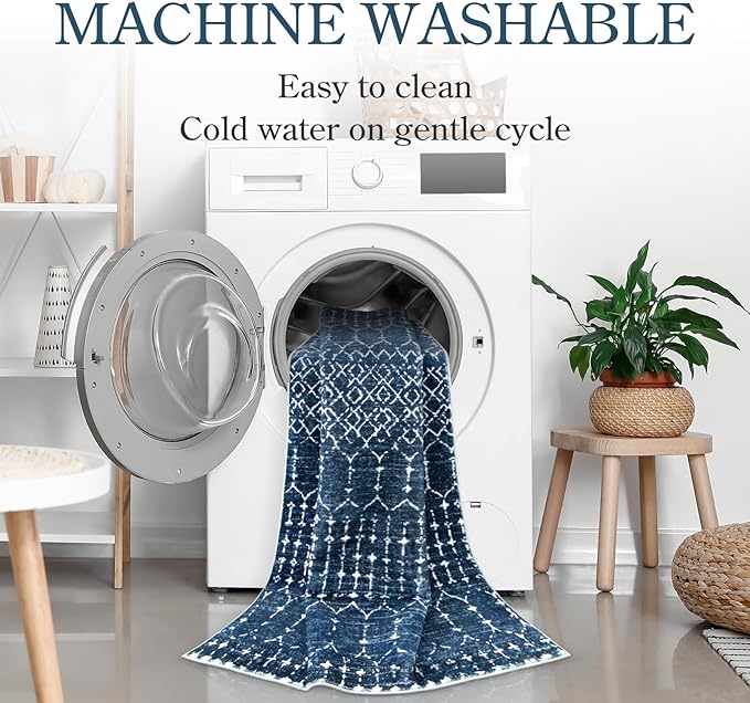 Lahome Moroccan Washable Kitchen Runner - 2x8 Carpet Runners for Hallway 8Ft Low-Profile Non-Slip, Indoor Geometric Print Distressed Rug for Entryway Laundry Room Foyer, (Blue,2'x8')