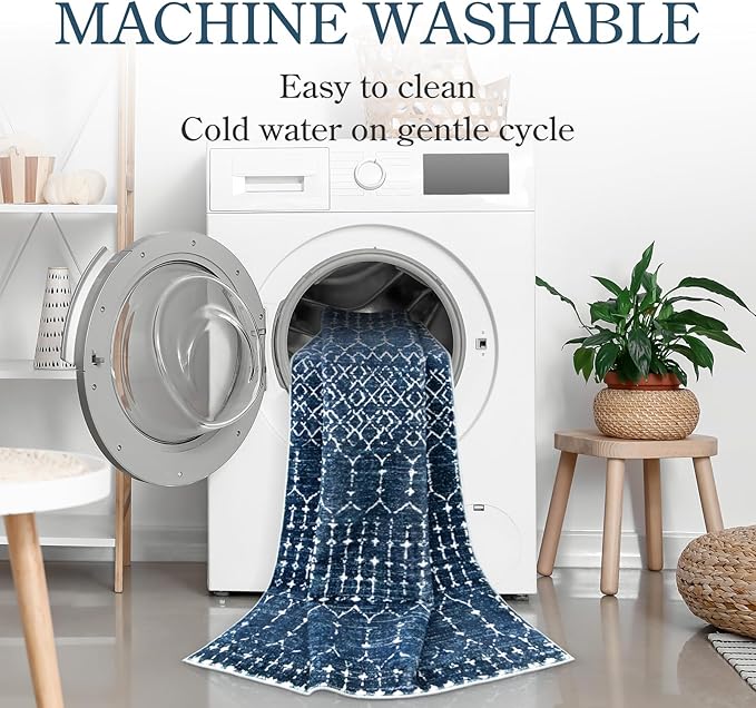 Lahome Moroccan Runner Rugs for Hallway - 2x4 Bathroom Rugs Non-Slip Small Throw Kitchen Carpet Low-Pile Mat for Entryway Laundry Room Mat Geometric Indoor Carpert for Entrance Bath (Blue,2'x4')