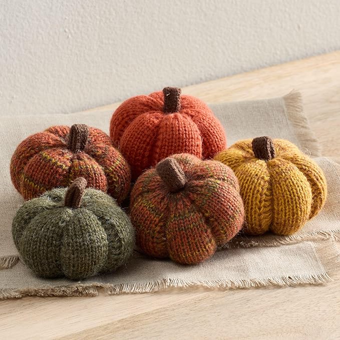 Your Heart's Content Set of 5 Mini Knit Pumpkins, Cozy Autumn Home décor, Green décor, Warm Golden Orange Bowl Filler, Table top Shelf Sitter (Spiced Maple 2.5 Inch Set)