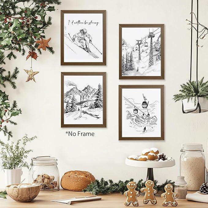 AEHIE Black and White Wall Ski Art Poster Prints for Home Bedroom Bedroom Living Room Office, Vintage Skiing Snowboard Winter Decor, Winter Snowy Mountain Landscape Wall Art Unframed 4pcs 8x10inch