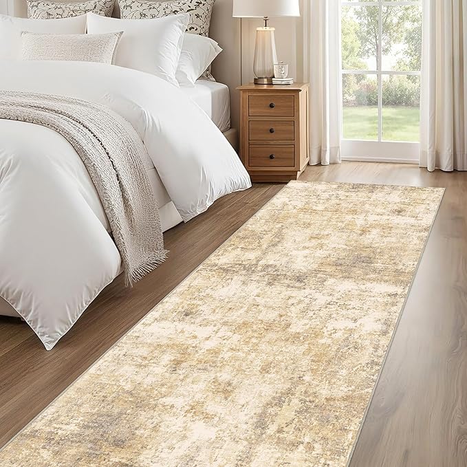 2.6x8 Modern Abstract Rug Washable Area Rugs for Living Room Bedroom Dining Room Non-Slip Low Pile Neutral Large Rug Soft Indoor Floor Carpet, Gold