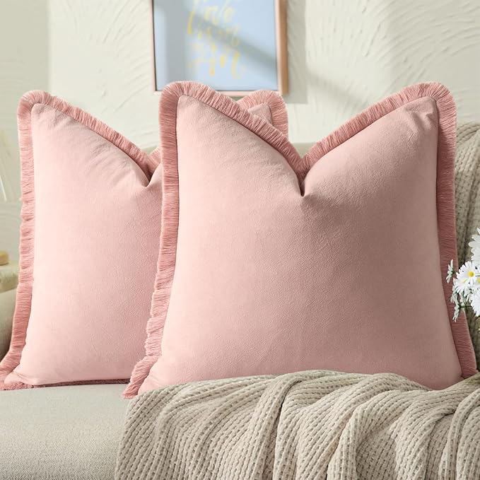 ZWJD Pillow Covers 20x20 Set of 2 Dusty Pink Throw Pillow Covers with Fringe Chic Cotton Decorative Pillows Square Cushion Covers for Sofa Couch Bed Living Room Farmhouse Boho Decor