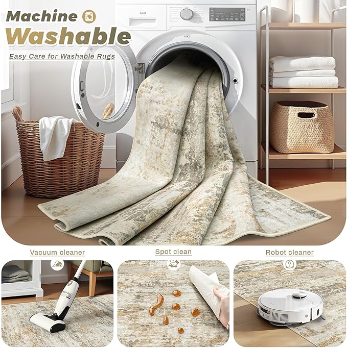 Area Rugs 6x9 for Living Room: Washable Rug Modern Abstract Neutral Soft Non-Slip Low-Pile Indoor Carpet for Bedroom Dining Room Playroom Home Office (Beige Grey Brown, 6'x9')