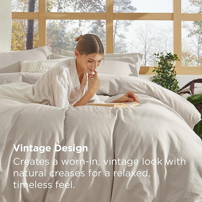 Bedsure 100% Stone Washed Cotton Duvet Cover King - Light Greige Minimalist Cotton Duvet Cover Linen Like for All Seasons - GentleSoft™ Plain Simple Bedding (Light Greige, King, 104"x90")