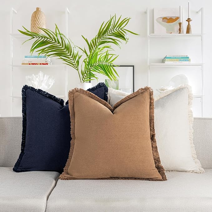 ZWJD Pillow Covers 26x26 Set of 2 Camel Throw Pillow Covers with Fringe Chic Cotton Decorative Pillows Square Cushion Covers for Sofa Couch Bed Living Room Farmhouse Boho Decor