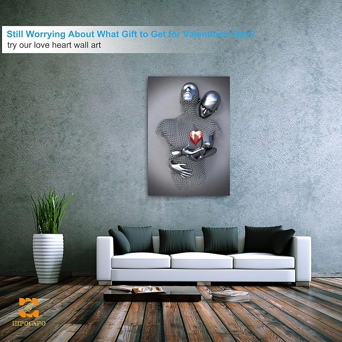 HIPOCAPO 3D Metal Effect Wall Art - Love Heart Canvas Art, Silver Abstract Hug Lovers Painting Picture Poster Prints for Bathroom, Romantic Couple Living Room Framed32”x48”x1Pcs 3d Art-11