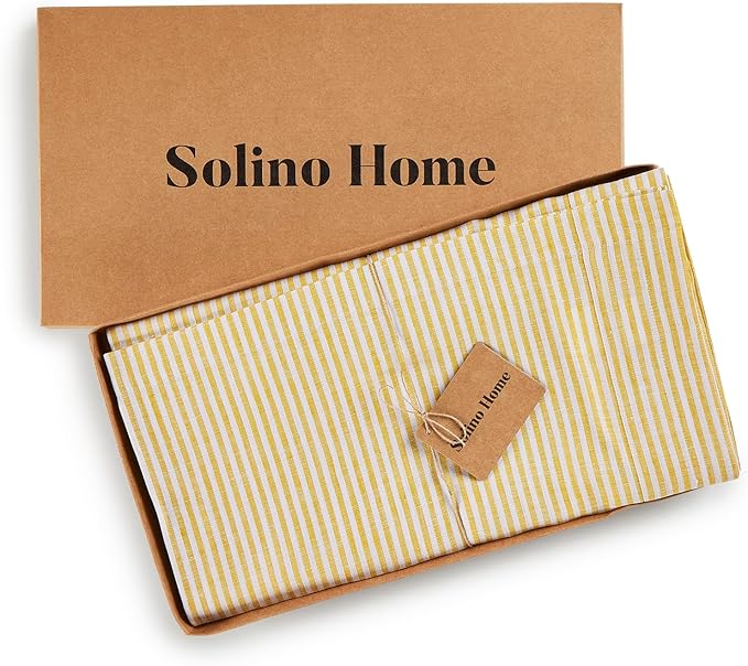 Solino Home Linen Tablecloth 60 x 108 Inch - Narrow Stripe 100% Pure Linen Spicy Mustard and White Table Cloth for Rectangle Tables - Machine Washable Tablecloth