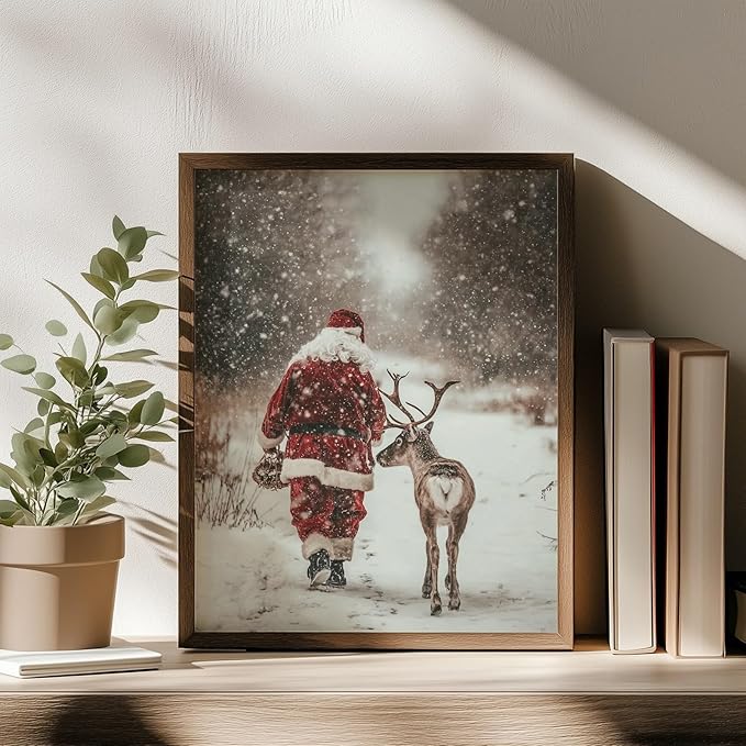 llguiidecal Vintage Santa Claus and Reindeer Wall Art Print, Rustic Christmas Winter Forest Photography, Holiday Farmhouse Snow Scene Print, Cozy Nordic Christmas Decor (8X10 Inch-Unframed)