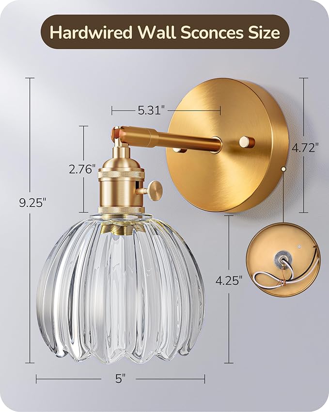 EDISHINE Hardwired Wall Sconces Set of Two, Brass Gold Wall Lamp with Transparent Tulip Glass Lampshade 180 Degree Adjustable, Vintage Bathroom Lighting Fixtures for Bedroom Living Room Hallway