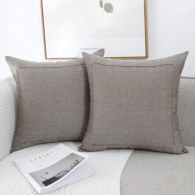 Jepeak 18x18 Inch Burlap Linen Throw Pillow Covers, Pack of 2 Decorative Farmhouse Rustic Neutral Pillow Cases Square Durable Cushion Cover for Sofa Couch Bed Home Decor, Light Coffee+Beige