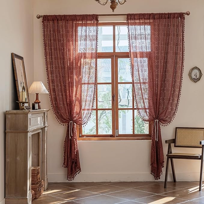 Burnt Orange Sheer Curtains 72 Inch Length 2 Panels Set Boho-Meets-Victorian Lace Crochet Curtain Panels for Bedroom Living Room Rustic Fall Boho Curtains Rod Pocket Privacy 59 W x 72 L Terracotta