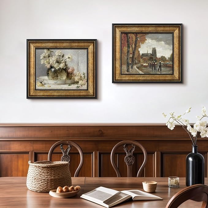 FOLKOR Canvas Wall Art Prints with Antique Gold Frame, 8x10 Floral Wall Decor for Kitchen Dining Room, 8 by 10 Picture Frame with Stand for Oil Paintings Posters Home Office Decoration (Roses)