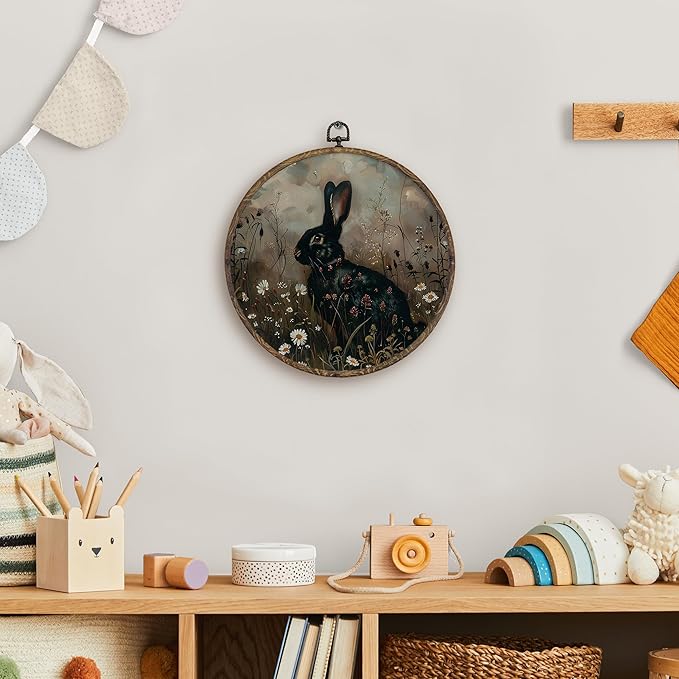 KFXHANGD Vintage Witchy Black Bunny Round Wall Art Framed,Decor, Cottagecore Rabbit Canvas Wall Art Decor, Dark Academia Bunny Floral Hanging Decor for Farmhouse Bathroom Living Room, 10x10in
