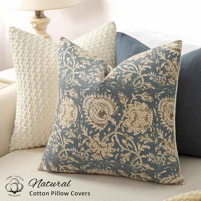 Vintage Floral Print Throw Pillow Covers 22x22 Set of 2 Neutral Modern Farmhouse Accent Decorative Cushion Covers Boho Home Decor for Couch Sofa Chair Bed Living Room, Dusty Blue