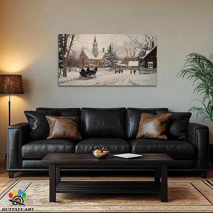 GUTTATY Winter Christmas Canvas Wall Art, Snow Village Scene Canvas Prints, Classic Church Horse Sleigh Wall Painting, Country Winter Pictures Decor for Living Room, Farmhouse, Entryway, 24x12 Inch
