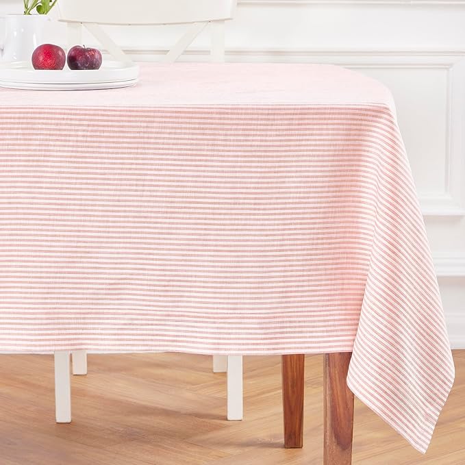 Solino Home Linen Tablecloth 60 x 90 Inch - Narrow Stripe 100% Pure Linen Peach and White Table Cloth for Rectangle Tables - Machine Washable Tablecloth