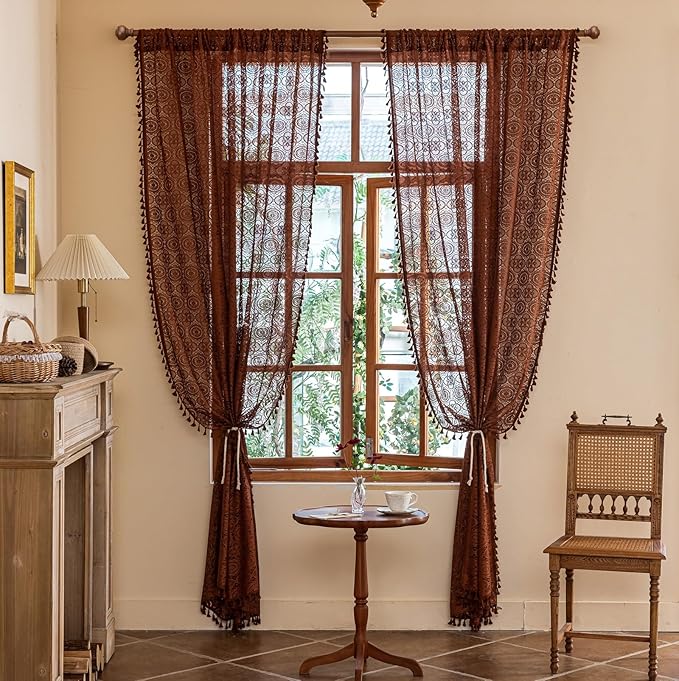 YJ YANJUN Boho Lace Curtains 96 Inches Long 2 Panels Retro Floral Hollow Tassel Curtain Panles Shabby Chic Sheer Brown Curtains for Living Room Bedroom Home Office Light Filtering 52" W x 96" L Brown