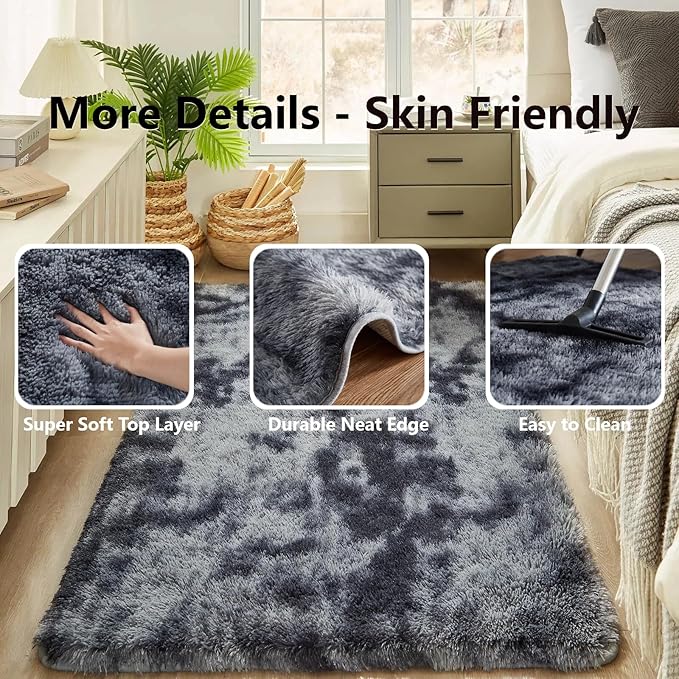 Floralux Upgrade 4x6 Rugs for Bedroom, Tie-Dyed Dark Grey, Fluffy Shaggy Soft Area Rug for Living Room, Non-Slip Indoor Floor Carpet for Nursery, Kids Baby Boys Teen Dorm Home Decor Aesthetic