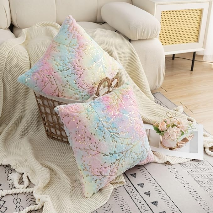 LIGICKY Set of 2 Rainbow Pillow Covers Fluffy Tie Dye Fur with Gold Branches Glitter Throw Pillows Decorative Pink Blue Soft Furry Sparkling Square Cushion Cases for Girl Room Couch Décor 18x18inch