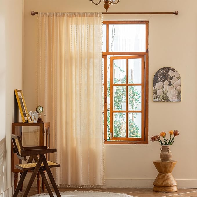 Sutuo Home Boho Curtains for Bedroom Dining Room Kitchen,Light Filtering Linen Farmhouse Shabby Chic Tassels Window Treatment Bohemian Embroidery Drape, Rod Pocket 1 Panel 52" W x 72" L, Champagne