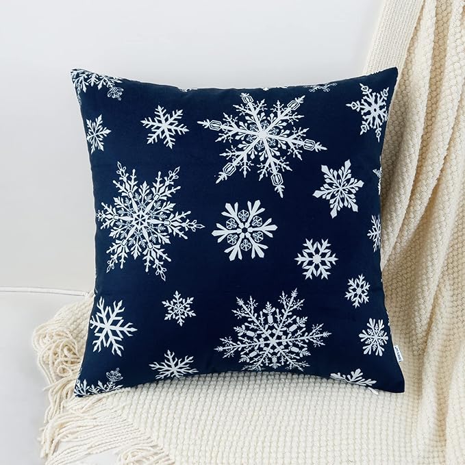HWY 50 Dark Blue Decorative Throw Pillow Covers 16x16 Inch for Couch Sofa Living Room Bed, Soft Christmas Big and Small Snowflakes Print Throw Pillows Cases Set Cushion Cover Pack of 2