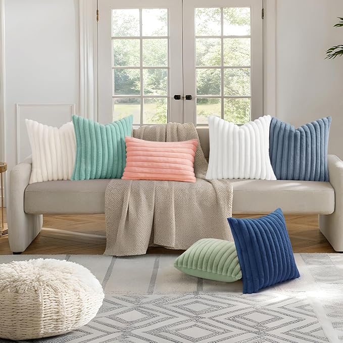 decorUhome Faux Fur Christmas Throw Pillow Covers 24x24 Set of 2, Decorative Soft Plush Striped Neutral Couch Euro Pillow Covers with Velvet Back for Sofa, Bed, Living Room Home Decor, Aqua
