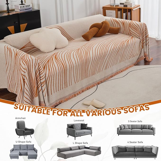 VClife XXL Sofa Cover Chenille Couch Cover for 3 Cushion Couch Sofa, Modern Beige Caramel Striped Couch Covers for Kids Washable Sectional Sofa Protector with Tassel 71"X150"