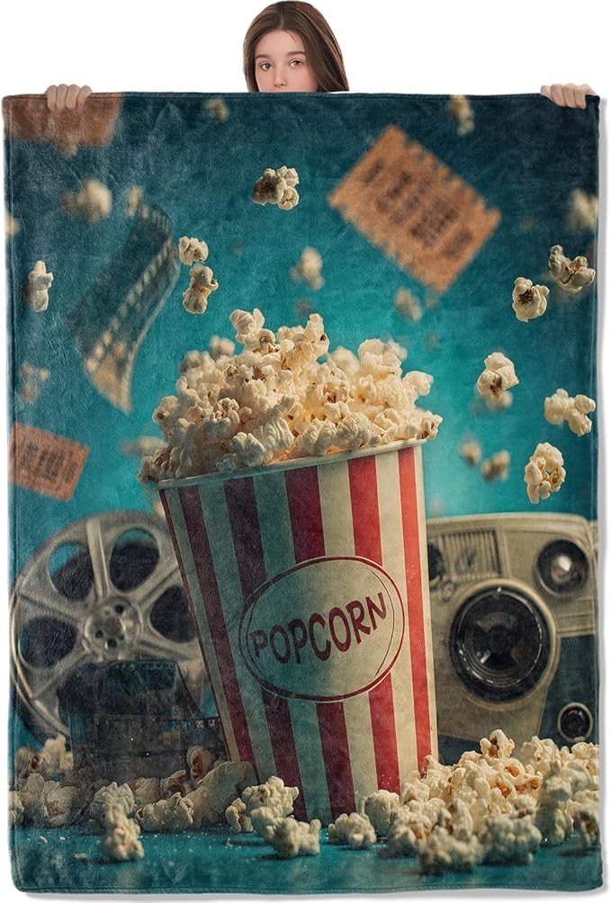Vintage Popcorn Flannel Throw Blanket, 40"x50", Retro Movie Reel and Ticket, Warm Lightweight Blankets, Machine Washable, Adults Gifts, Outdoor Indoor Travel Hiking Nap Throw, Home Decorate