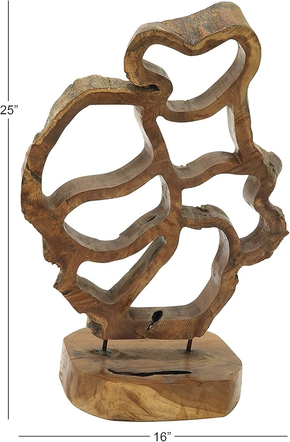 Deco 79 Teak Wood Abstract Handmade Decorative Sculpture Home Decor Statue, Accent Figurine 16" x 8" x 25", Brown