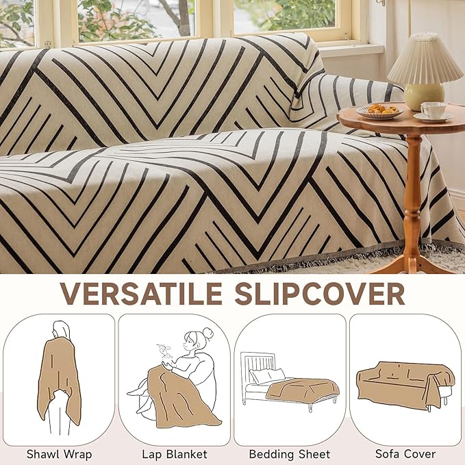 VClife Boho Farmhouse Couch Cover 71''x134'', 1 pc Washable Sofa Covers for 3 Cushion Couch Sofa Kids Soft Chenille Beige Black Herringbone Home Decor Couch Covers for Bed Sofa Living Room Slipcover