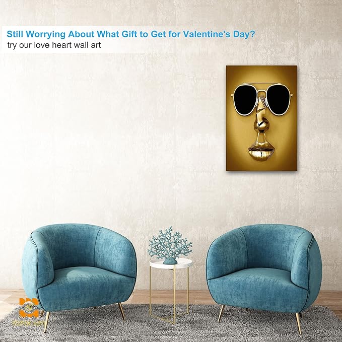 3D Metal Effect Wall Art - 3D Wall Art Decor Artwork Wear Sunglasses Golden Figure Statue Modern Art Canvas Painting, Large Wall Art for Bedroom Dercorations Framed 24”x36”x1Pcs