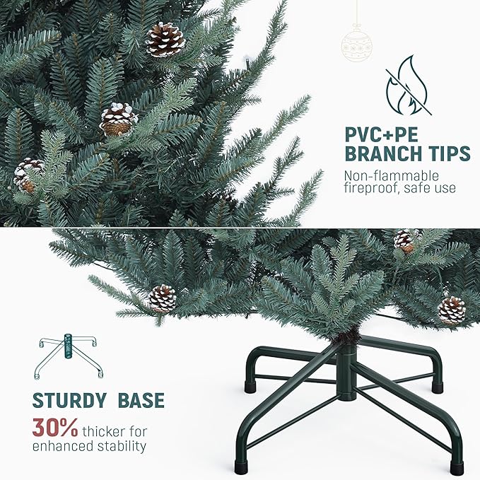 YITAHOME 6FT Prelit Blue Christmas Tree with Remote, Pre-Decorated Artificial Hinged Hillside Spruce Holiday Xmas Tree with 35 Pine Cones, 300 Lights & 11 Light Modes