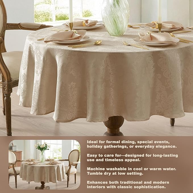 Newbridge Barcelona Luxury Damask Fabric Tablecloth, 90” Round, Golden Beige, 100% Polyester, No Iron, Soil Resistant Dining Room, Party and Banquet Table Cover
