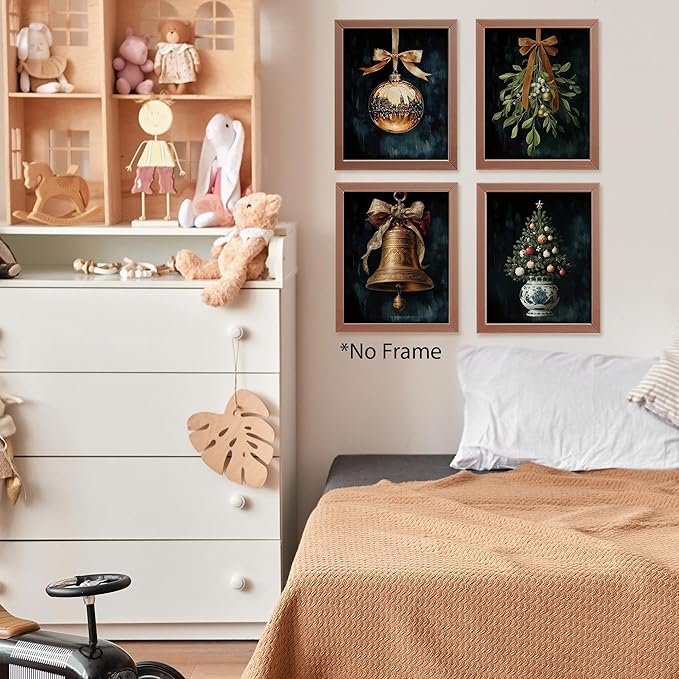 AEHIE Dark Moody Christmas Wall Art Poster Prints for Home Room Bedroom Decor, Dark Academia Christmas Decor, Winter Bauble Ball Ornament Bell Mistletoe Holiday Prints Wall Art Unframed 4pcs 8x10inch