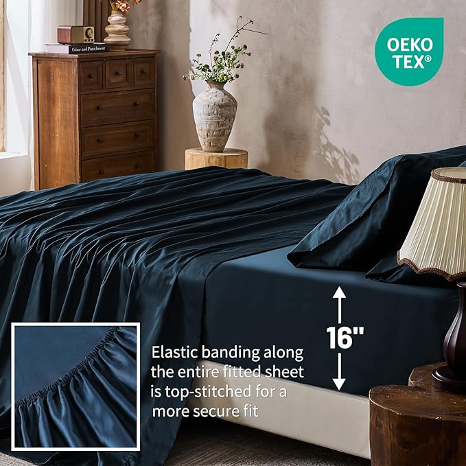MEISHANG 1000 Thread Count Cotton Sheets Queen Size - 100% Egyptian Cotton, Sateen Weave, Soft & Breathable, Oeko-Tex Certified, 16" Deep Pockets - 4 Piece (Queen, Navy)