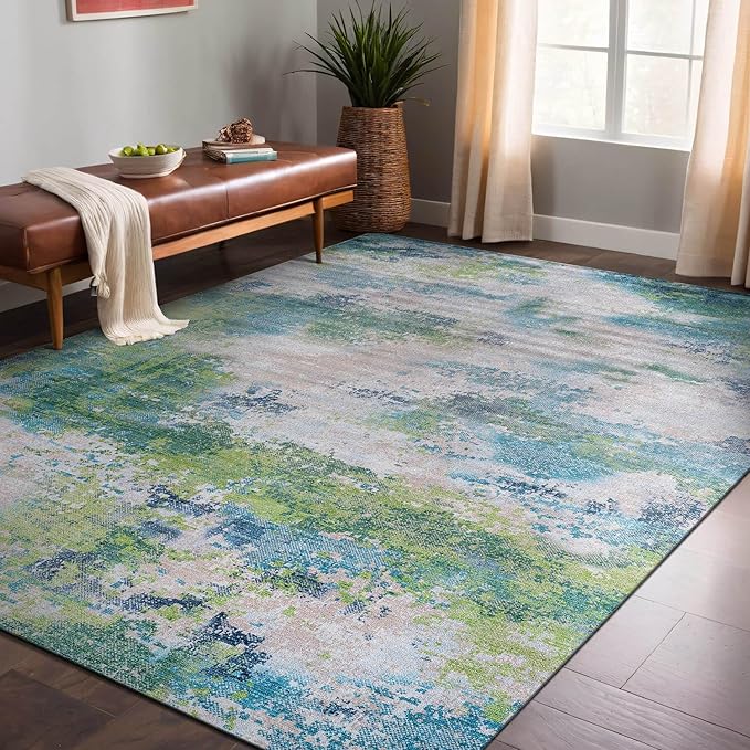Non Slip Rugs 5x7 Modern Abstract Easy Silk Rubber Backing Soft Area Rug for Living Room Easy to Clean Non Shedding Kitchen for Bedroom Indoor Carpet (Teal - Green, 5x7)