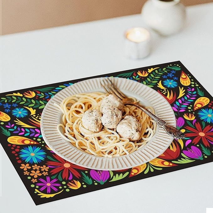 Mexican Floral Placemat Set of 4, 12x18 Inch Boho Colorful Mexico Fiesta Talavera Birds Cinco de Mayo Stripes Coffee Vintage Table Mats for Outdoor Kitchen Dining Table Decoration