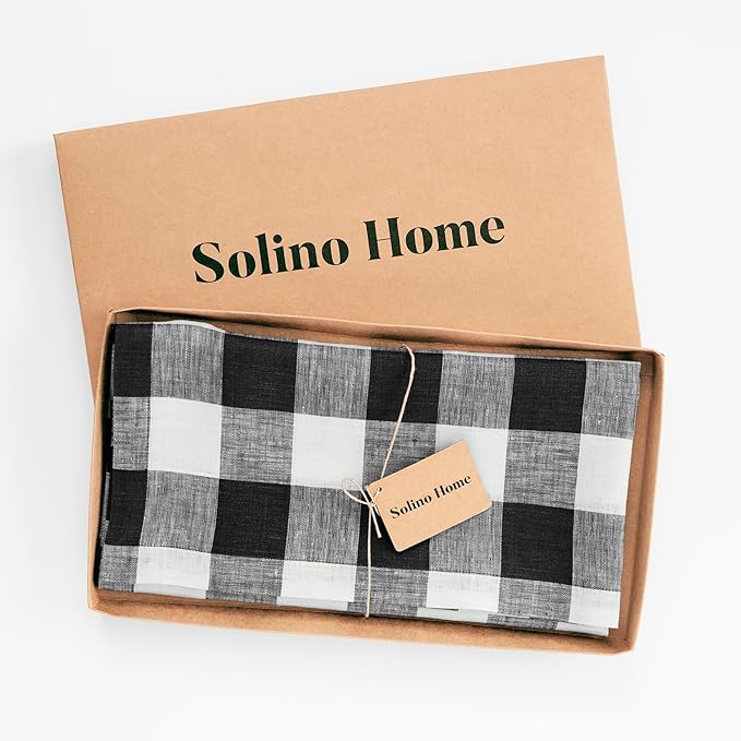 Solino Home Linen Checkered Tablecloth 52 x 52 Inch - 100% Pure Linen Black and White Buffalo Plaid Square Tablecloth - Machine Washable Table Throw for Fall, Autumn, Winter, Thanksgiving