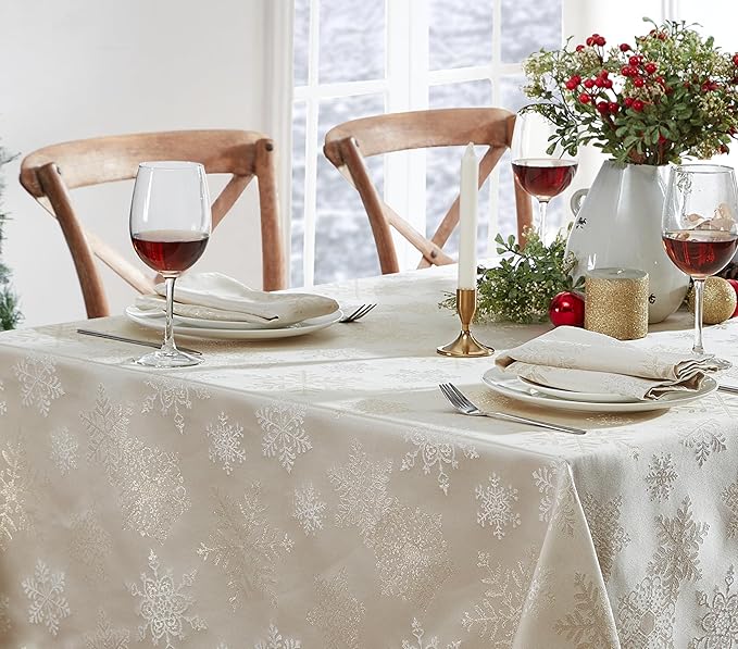 Newbridge Fancy Metallic Snowflake Christmas Fabric Napkins, Set of 4, Ivory Gold, No-Iron Soil Resistant Sparkling Snowflakes Woven Holiday Cloth Napkins