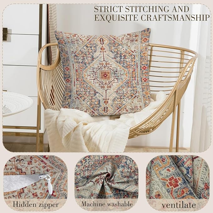 Boho Throw Pillow Covers 16x16 inch Set of 2,Bohemian Vintage Carpet Pattern Antique Ethnic Decor Double Sided Pattern Cushion Cover Soft Pillow Case Living Sofa Room Bed Square Pillow Cover