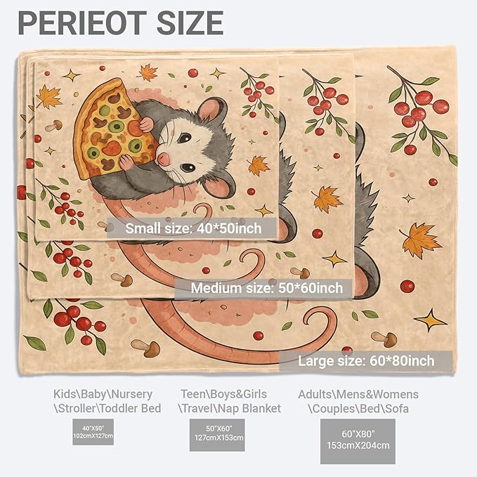 Cute Opossum Flannel Throw Blanket, 60"x80", Funny Animal and Pizza, Soft Warm Lightweight Blankets, Machine Washable, Adults Kids Gifts, Outdoor Indoor Travel Hiking Nap Throw, Home Decorate