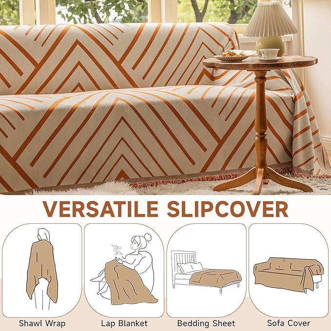 VClife Boho Farmhouse Couch Cover 71''x134'', 1 pc Washable Sofa Covers for 3 Cushion Couch Sofa Kids Soft Chenille Beige Pumpkin Herringbone Home Decor Couch Covers for Bed Sofa Living Room Slipcover