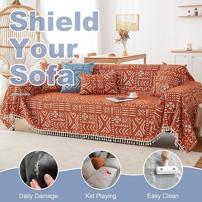 VClife Bohemian Couch Cover Sectional Sofa Cover Washable for L Shape Sofa, 1 PC Soft Chenille Couch Cover for 2 Cushion Couch - Boho Caramel White Jacquard Loveseat Slipcover for Couch Bed, 71"x 118"