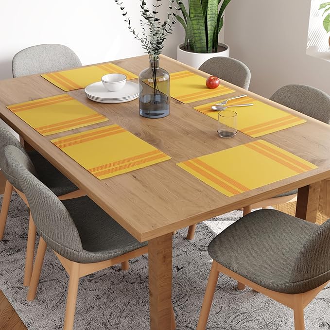 Encasa XO Dining Placemat Set of 6 | Solid Ladder Lemon Color | Fine Ribbed Cotton Table mat | Size 18x13 in |for Dining Table Fall Decoration, Holiday & Christmas Festivals - Machine Washable