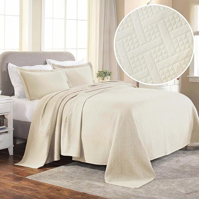 Superior 100% Cotton Basket Weave Bedspread with Shams, All-Season Premium Cotton Matelasse Jacquard Bedding, Quilted-Look Geometric Basket, King, Ivory